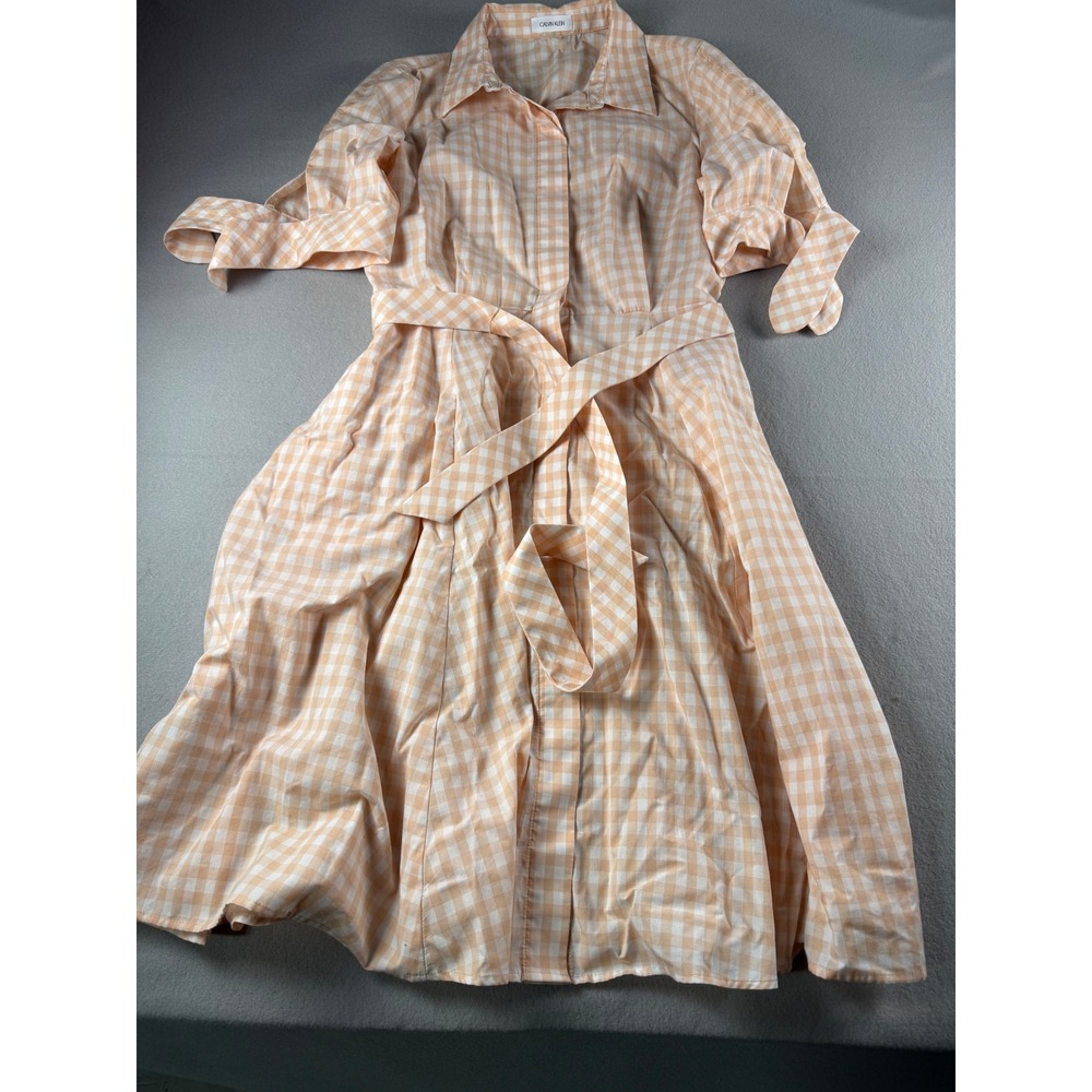 Vintage Calvin Klein Peach Gingham Shirt Dress Tie Sleeve Belted Midi Size 6